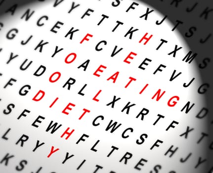 Illustration depicting a wordsearch with spotlight effect in the centre revealing diet concept words in red.