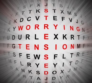 Illustration depicting a blurred abstract wordsearch with centre focus revealing stress concept words in red.