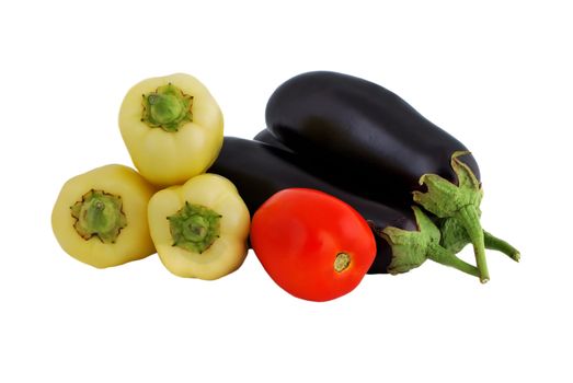 vegetables: tomatoes, eggplant and peppers on a white background