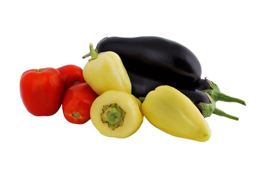 vegetables: tomatoes, eggplant and peppers on a white background