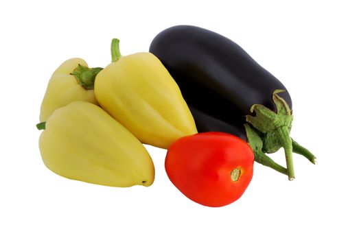 vegetables: tomatoes, eggplant and peppers on a white background