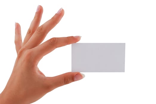 blank business card in his hand a woman