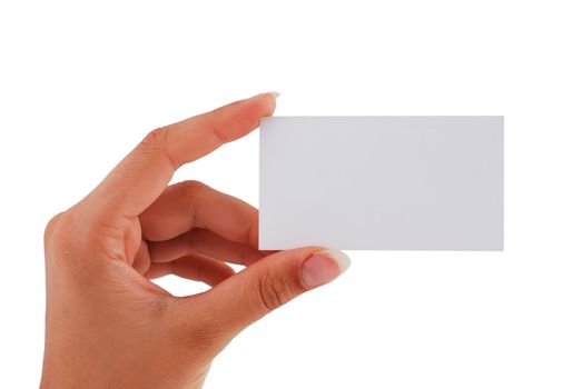 blank business card in his hand a woman