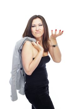 Gesturing angry businesswoman on a white background