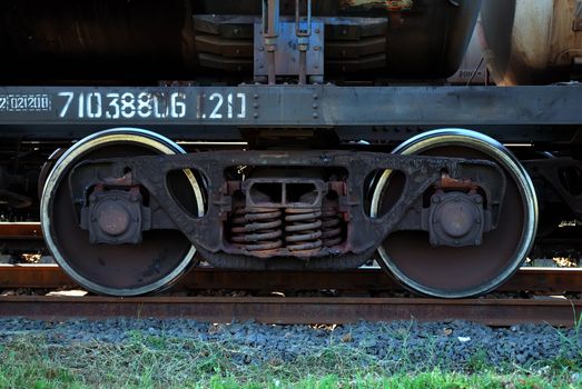 rusty train wheels on rails. close-up