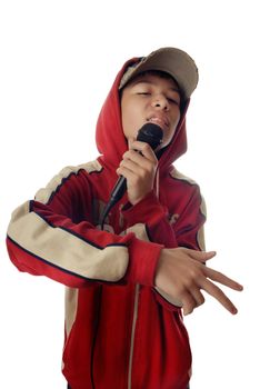 Photo of the boy in rapper clothes singing a hip-hop