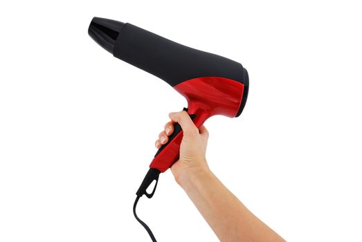 hairdryer in hand on white background