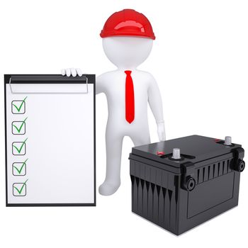 3d white man next to the car battery. Isolated render on a white background