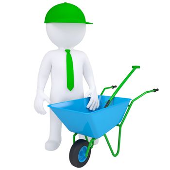 3d white man with a wheelbarrow. Isolated render on a white background