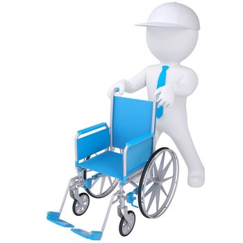 3d white man holding a wheelchair. Isolated render on a white background