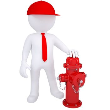 3d white man next to a fire hydrant. Isolated render on a white background