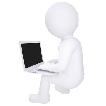 3d white man sitting with a laptop. Isolated render on a white background