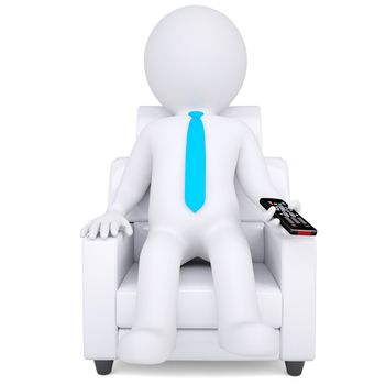3d white man sitting in a chair with a remote control. Isolated render on a white background