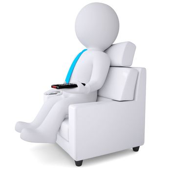 3d white man sitting in a chair with a remote control. Isolated render on a white background