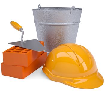 Building bricks, hard hat, trowel and a bucket. Isolated render on a white background