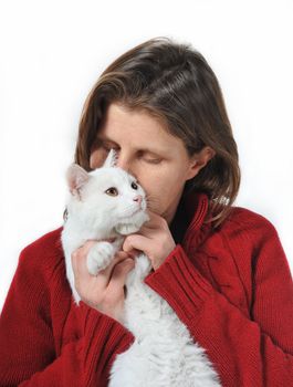 young woman and her best friend white cat