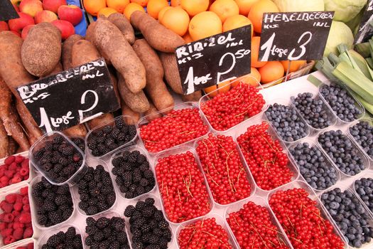 Fruit and vegetable stand at a marketplace in Vienna, Austria. Farmers market.