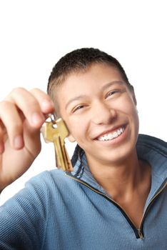 Cheerful male with key from residential apartment