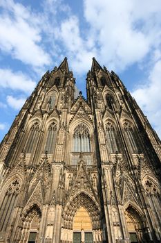 Cologne cathedral of Saint Peter and Mary taken with extremely wide angle lens. Famous church. Seat of Archbishop. UNESCO World Heritage Site.