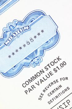 68 shares - close up of a vintage stock market object. Obsolete corporate shares certificate.