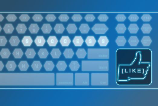 Virtual futuristic keyboard with LIKE button with the word success on the keyboard, can be use for various social media, business, finance, background concept