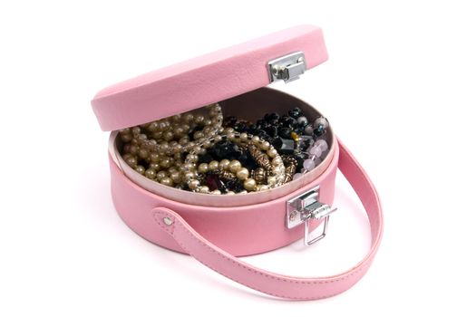 Beautiful jewelry box closeup on white background
