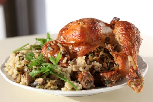 Healthy dish of mixed rice, chicken meat and vegetables