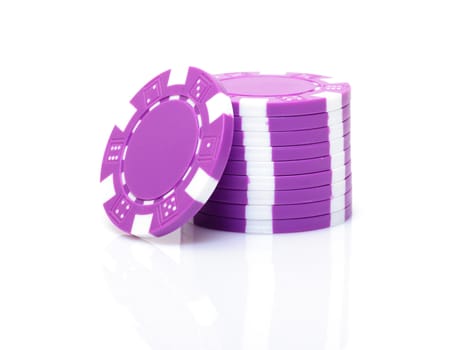 Small Stack of Purple Poker Chips, closeup on white background