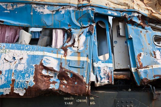 A wreckage of crashed or damaged train taken from train yard taken on sunny day, can be use for safety related communications
