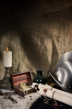 Still-life on a historical theme. Reconstruction of a medieval plot