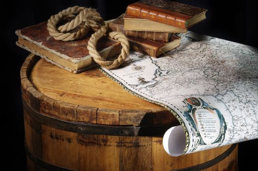 Old map on a wooden barrel
