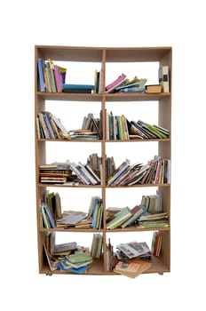 Messy bookshelf on white background