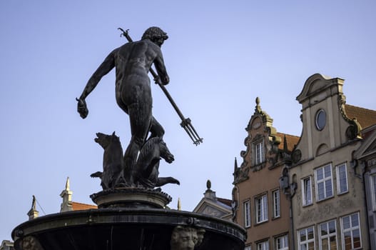 Neptune's fountain in the Old Town of Gdansk, Poland.