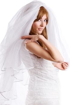 Beautiful bride with veil over white