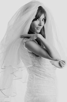 Beautiful bride with veil black and white image