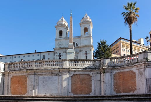 view of the church of Trinita dei Monti and the obelisk in front of her, Rome, Italy