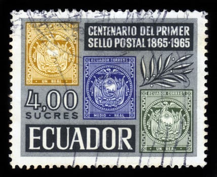 Ecuador - CIRCA 1965: A stamp printed in Ecuador shows national coat of arms of Ecuador, dedicated to the centennial of mail of Ecuador, circa 1965