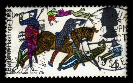UNITED KINGDOM - CIRCA 1966: A stamp printed in United Kingdom shows a Battle of Hastings (1066) from Bayeux Tapestry,  series "900th Anniversary of Battle of Hastings", circa 1966