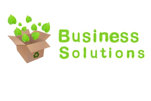 Green business solutions concept design with green leaf flying out of recycle package box with business solutions wording.