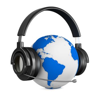 Headphone and globe on white background. Isolated 3D image