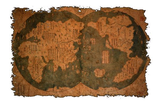 Old Chinese world map on vintage burned paper background.