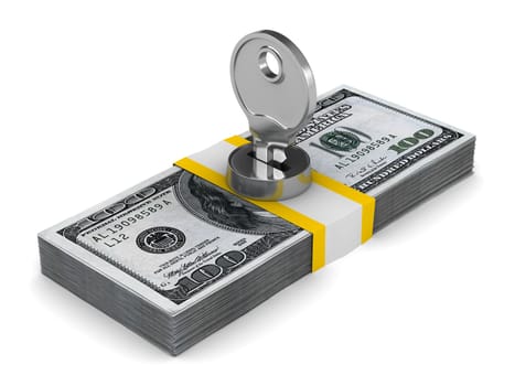 key on pack of dollars. Isolated 3D image