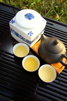 Chinese tea set under sunlight