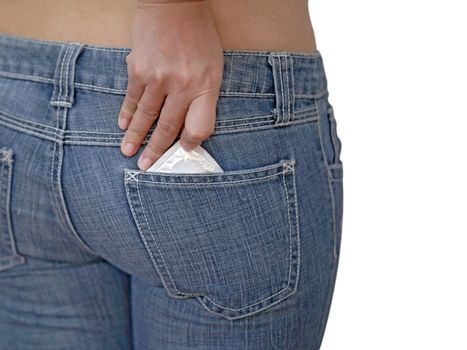 Pulling out condoms of jean pocket for Safe Sex concept.
