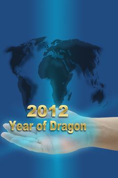 hand hold new year of dragon 2012 with world map