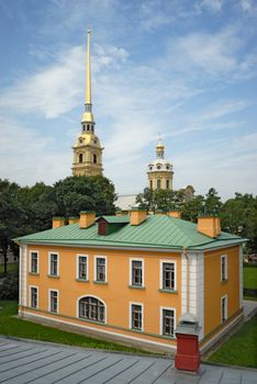 Guardhouse and cathedral spike in Peter and Paul fortress, Saint Petersburg, Russia