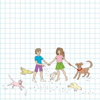 Hand drawn illustration of a group of kids and domestic animals, doodles over a math paper