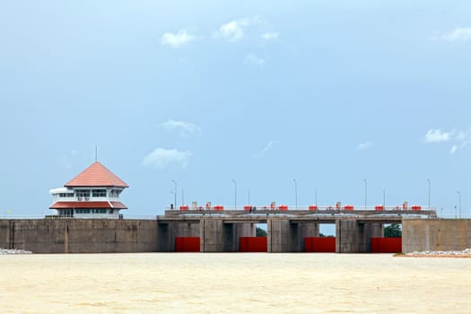 reservoir and dam with control building