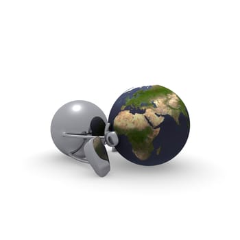 3d character and earth with a metal balk
