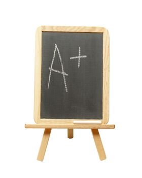 An a plus is wrote on a student chalkboard for outstanding work.